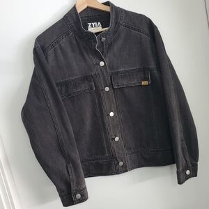Zyia Large Denim Bomber Coat Distressed Black Jean jacket Boxy Oversized Casual